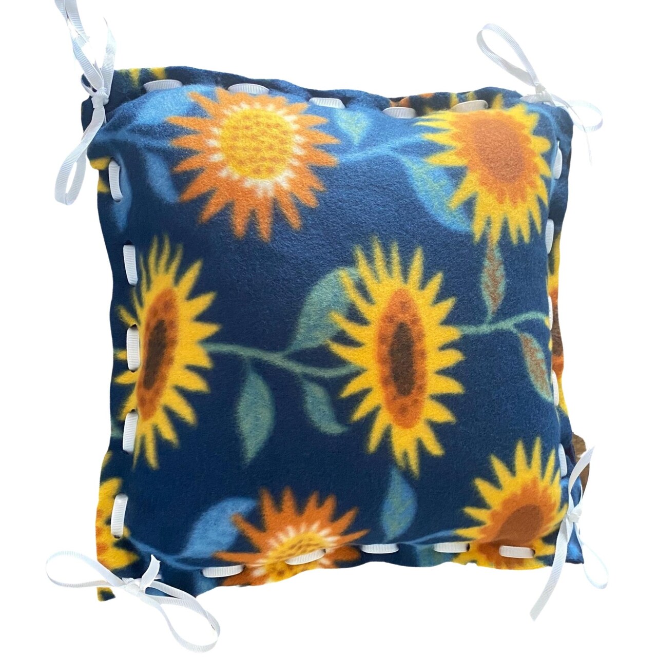 Make Your Own Fleece Pillow Kit for Elderly, Low Vision, Dementia, Blind, Disabled & Children Friendly, No Knotting, Simple Lacing, Insert Included, Navy with Sunflowers Pattern